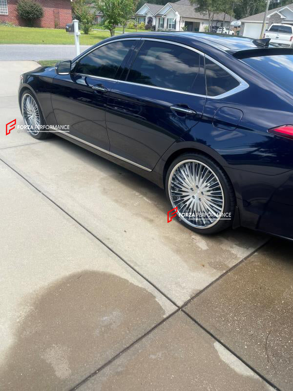 GENESIS G80 2018 Our wheels sizes: Front 21 x 9 ET 40 Rear 21 x 10 ET 45 Finishing: Brushed Clear Coating + Blue Inserts