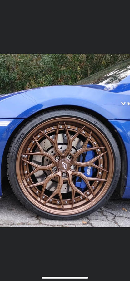 We produced premium quality forged wheels rims for  AUDI R8 TYP 42  Our wheels sizes:   Front 20 x 8.5 ET 42  Rear 20 x 11 ET 40  Finishing: Bronze  Forged wheels can be produced in any wheel specs by your inquiries and we can provide our specs